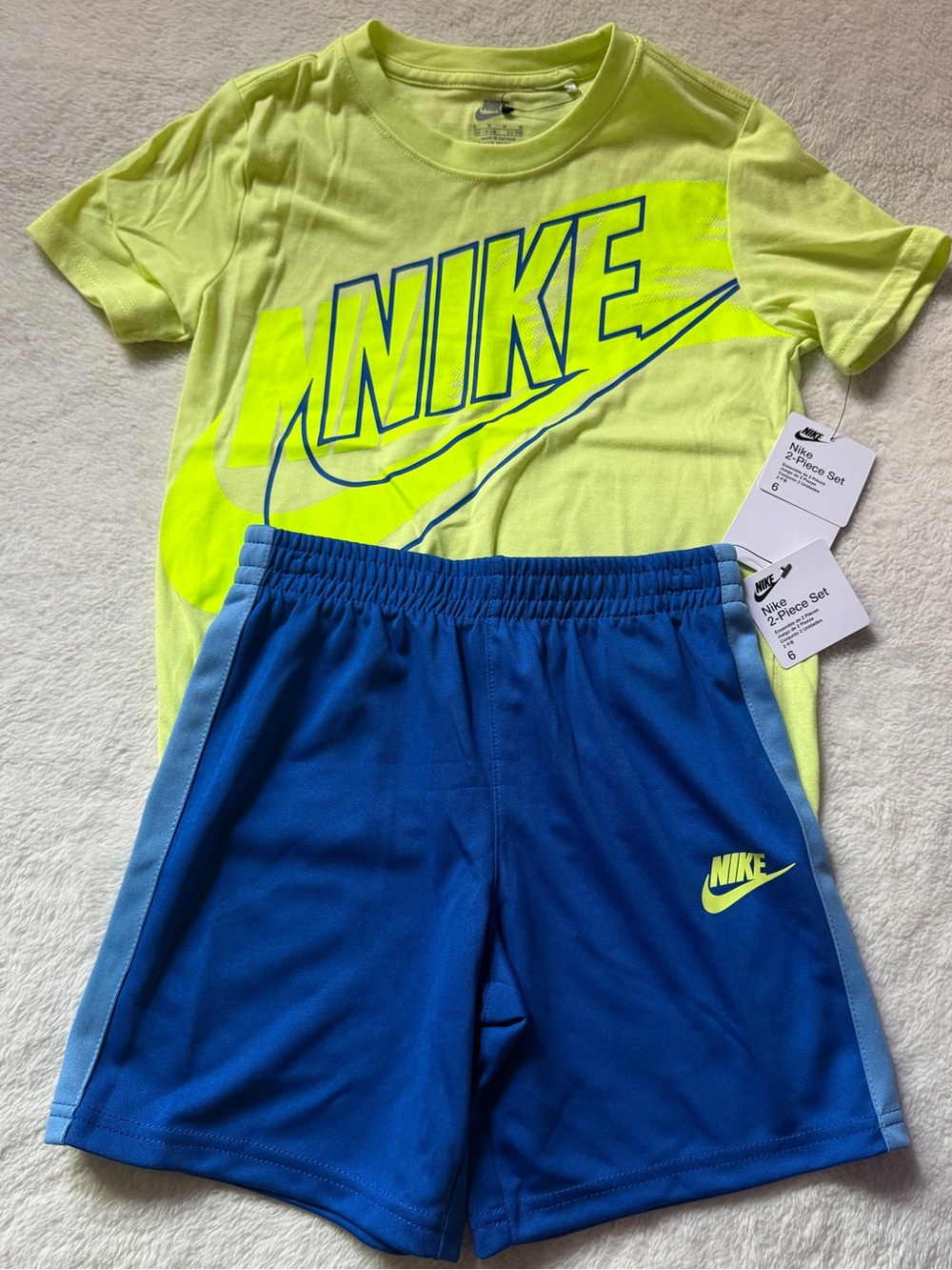 Nike Boys Neon Yellow Graphic Tee and Royal Blue Athletic Shorts